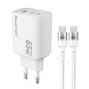 Φορτιστής τοίχου POWERTECH PT-1415 με καλώδιο USB με 2xUSB-C 65W λευκός