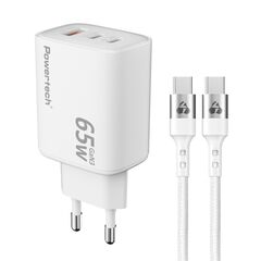 Φορτιστής τοίχου POWERTECH PT-1415 με καλώδιο USB με 2xUSB-C 65W λευκός