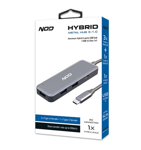 USB Hub NOD Hybrid metal chybrid αλουμινίου 4 θυρών USB 3.2 GEN 1X1 με TYPE-C