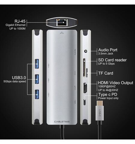 Docking station CABLETIME CT-CMHD91  9 θυρών με σύνδεση USB-C 4K 100W Γκρι