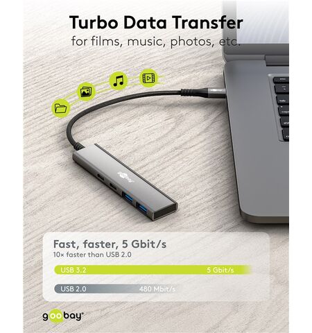 USB hub GOOBAY 76563 4x θυρών USB 3.2 5GBPS με  USB-C σύνδεση γκρι