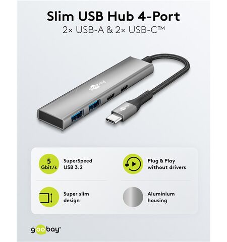 USB hub GOOBAY 76563 4x θυρών USB 3.2 5GBPS με  USB-C σύνδεση γκρι