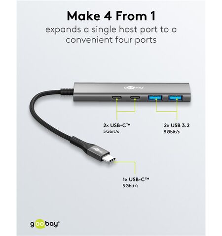 USB hub GOOBAY 76563 4x θυρών USB 3.2 5GBPS με  USB-C σύνδεση γκρι