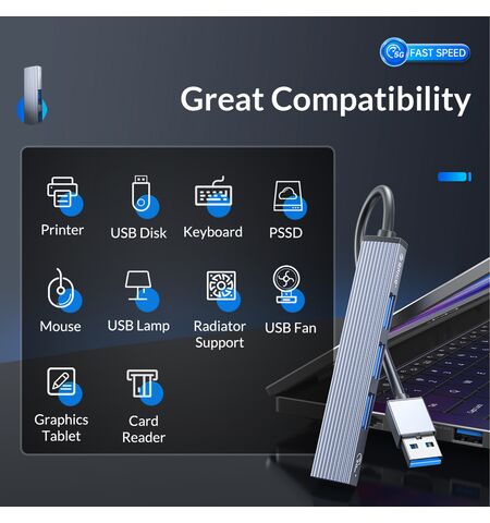 USB hub ORICO AH-A13 4x θυρών USB 3.0  5GBPS με USB σύνδεση γκρι