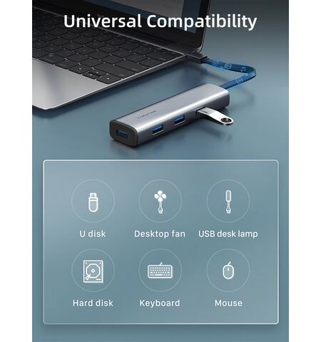 USB Hub CABLETIME CT-HUBP4  4x θυρών 5GBPS με USB-C σύνδεση γκρι