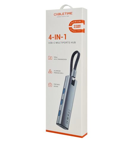 USB Hub CABLETIME CT-HUBP4  4x θυρών 5GBPS με USB-C σύνδεση γκρι