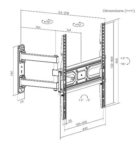 Επιτοίχια βάση POWERTECH PT-1131 για τηλεόραση 32-55''  full motion 35KG