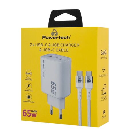 Φορτιστής τοίχου POWERTECH PT-1415 με καλώδιο USB με 2xUSB-C 65W λευκός