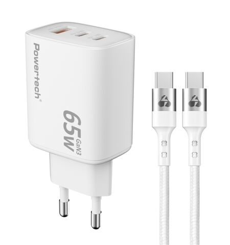 Φορτιστής τοίχου POWERTECH PT-1415 με καλώδιο USB με 2xUSB-C 65W λευκός