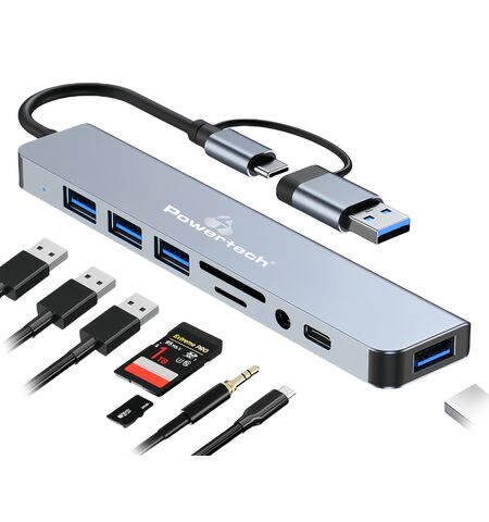 USB hub POWERTECH PTR-0151 8 θυρών USB & USB-C με card reader γκρι