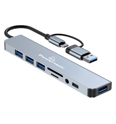 USB hub POWERTECH PTR-0151 8 θυρών USB & USB-C με card reader γκρι