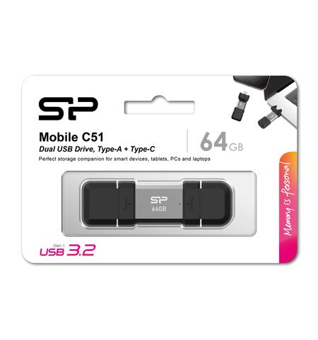USB stick flash  SILICON POWER C51 USB και USB-C 64GB ασημί