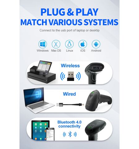 Ενσύρματο και ασύρματο barcode scanner GTCODESTAR X-9701B 1D, 2D με bluetooth 2000MAH μαύρο